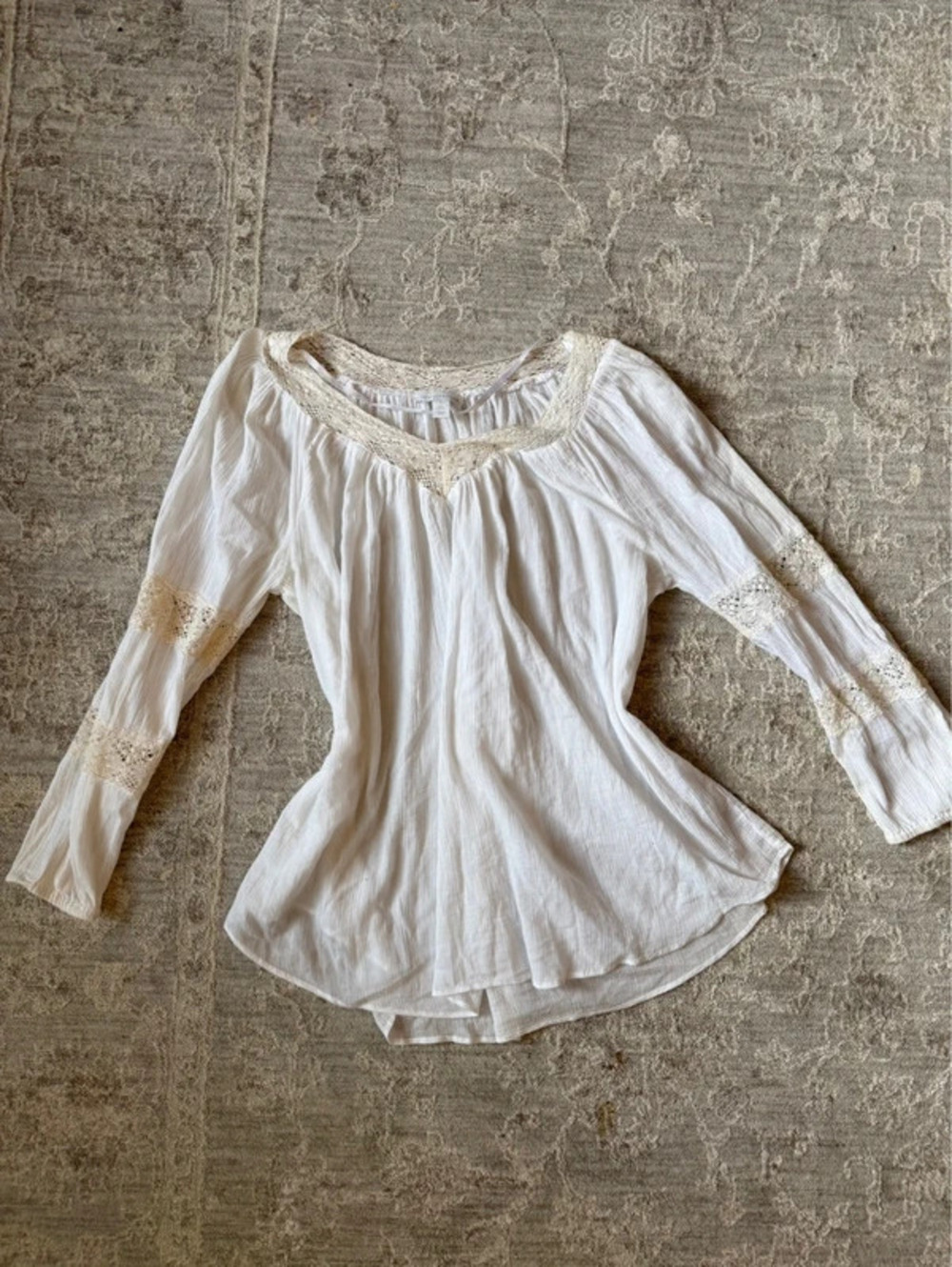 Charter Club White Cotton Gauze Crochet Lace Peasant Blouse Size S